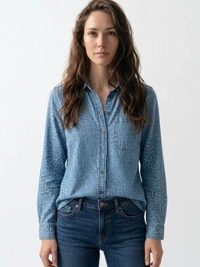 CLOTH & STONE Blue Light Denim Animal Print Long Sleeve Button Shirt Large
